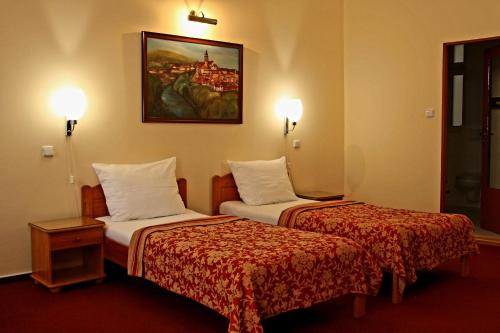 布拉格Unitas Residence的酒店客房设有两张床,墙上挂有绘画作品