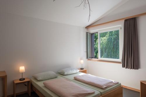 施泰因斯坦莱茵河畔青年旅舍的一间卧室设有两张床和窗户。