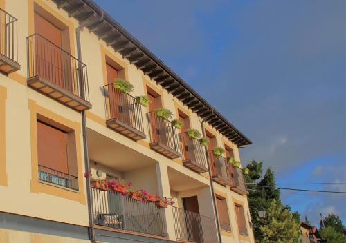 比努埃萨Apartamento Mirador del Pantano 1的一座带阳台的建筑,上面有盆栽植物