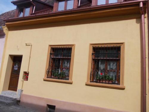 锡吉什瓦拉利亚公寓的两扇窗户,位于一座鲜花盛开的建筑中