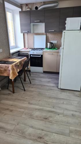 米尔哥罗德2-х кімнатна квартира студія у центрі Миргорода的带冰箱和桌子的厨房