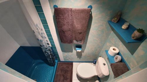 勒迪亚芒LE BLUE GROUND的一间带卫生间和蓝色浴缸的浴室
