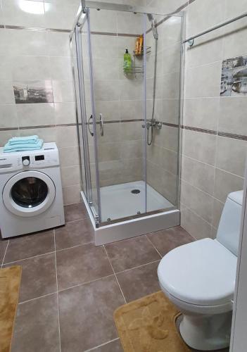 Chortkivапартаменти квартира的带淋浴、卫生间和洗衣机的浴室