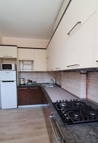 Chortkivапартаменти квартира的厨房配有炉灶和白色冰箱。