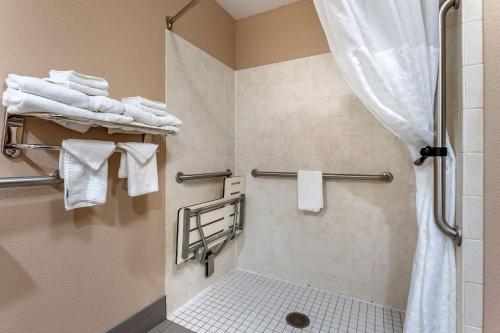 劳伦斯堡劳伦斯堡康福特茵酒店的带淋浴和白色毛巾的浴室