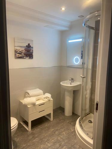 格拉斯哥Bow Serviced Apartments的浴室配有卫生间、盥洗盆和淋浴。