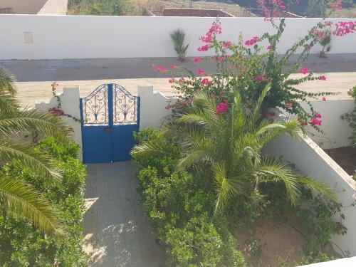 阿格希尔Maison les Palmiers 300m de la plage的棕榈树花园中的一扇蓝色门