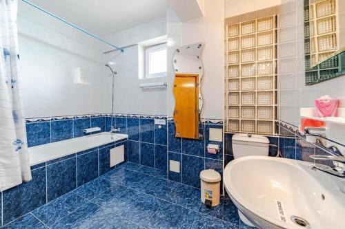 普雷代亚尔Pensiunea turistica Andra的蓝色瓷砖浴室设有浴缸和水槽