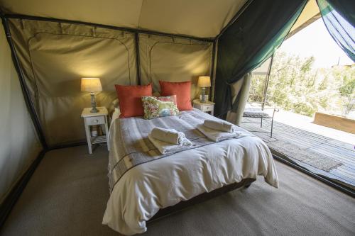 奥茨胡恩佩提卡鲁牧场旅馆的帐篷内一间卧室,配有一张床