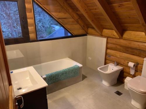 圣马丁德洛斯Casa Lago Hermoso的带浴缸、卫生间和盥洗盆的浴室