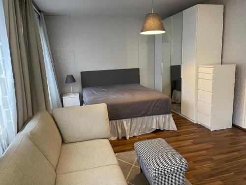 图尔库Apartment in Turku center的一间卧室配有一张床、一张沙发和一把椅子