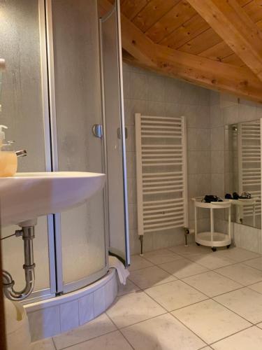 萨尔道夫阳光之家宾馆的带淋浴和盥洗盆的浴室