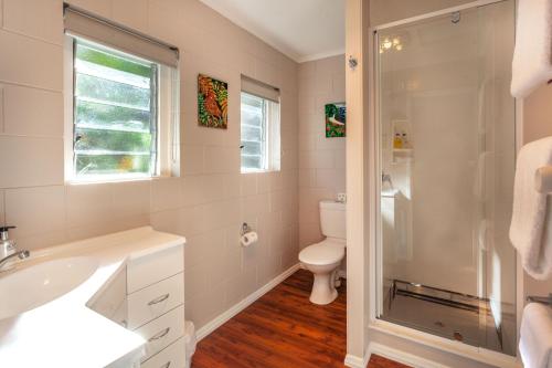 泰晤士布鲁基汽车旅馆的浴室配有卫生间、盥洗盆和淋浴。