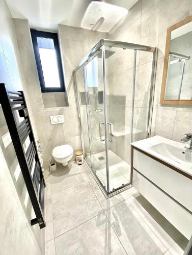 圣艾蒂安L’Escale - Le Boho + garage + NETFLIX的带淋浴、卫生间和盥洗盆的浴室