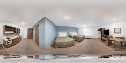 夏洛特WoodSpring Suites Charlotte - University Research Park的酒店客房配有一张床、一张书桌和一台电视。