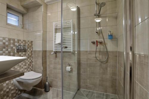 布伦瑞克Hotel am Park的带淋浴、卫生间和盥洗盆的浴室