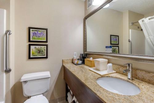 凯尔索Comfort Inn & Suites Kelso - Longview的一间带卫生间、水槽和镜子的浴室