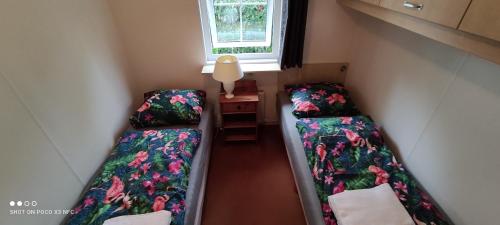 瓦赫宁根Boshuisje的小房间设有两张床和窗户
