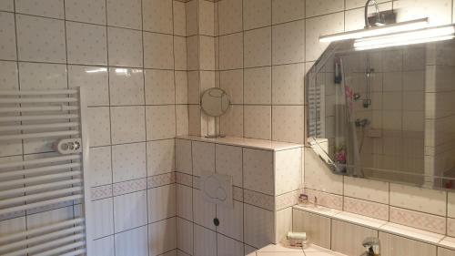 莱孔塔米讷蒙茹瓦Le Grossglockner的白色瓷砖浴室设有水槽和镜子