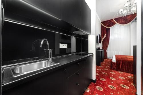敖德萨Arcadia Plaza Apartments的厨房配有水槽和红地毯