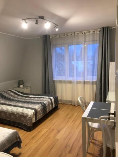 格但斯克Noclegi Gdańsk Pokoje Gościnne的一间卧室配有一张床、一张书桌和一个窗户。