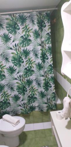 科斯塔德安提瓜Home sweet home的浴室设有卫生间,配有绿色和白色的壁纸。