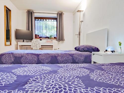 圣路易Tranquil City Haven close to Airport & Basel的一间卧室设有两张紫色的床和一扇窗户