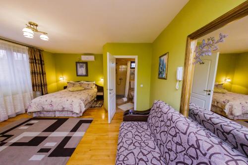 巴亚马雷Pensiunea Ideal的一间卧室配有两张床和一张沙发。