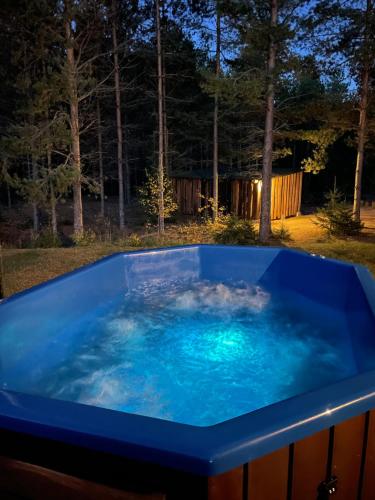 Sabile阿特玛塔斯度假屋的夜晚在院子里的一个蓝色热水浴缸