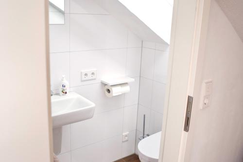 吕登沙伊德Ferienwohnung Klebeck的白色的浴室设有水槽和卫生间。