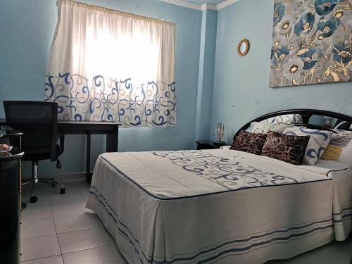 加尔达尔Habitación con baño privado的一间卧室配有一张床、一张书桌和一个窗户。