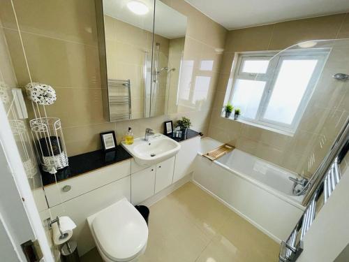 恩菲尔德Enfield Chase Apartment的一间带水槽、卫生间和镜子的浴室