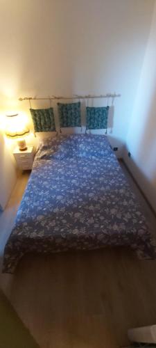 瑟洛内Idéal pour les vacances的一间卧室配有一张带蓝色毯子和枕头的床。