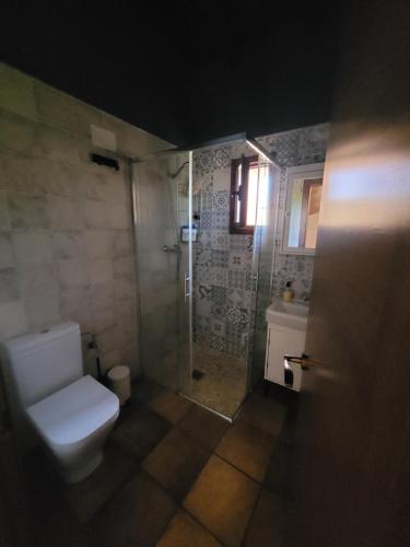 埃尔托尔诺Casa Rural Canchal Madroñeras ***的一间带卫生间和玻璃淋浴间的浴室