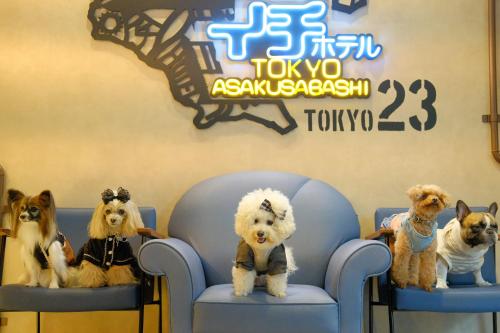 东京ICI HOTEL Asakusabashi的四个狗坐在标志前的椅子上