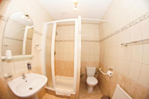 瓦古夫Hotel Nevada的浴室配有卫生间、淋浴和盥洗盆。