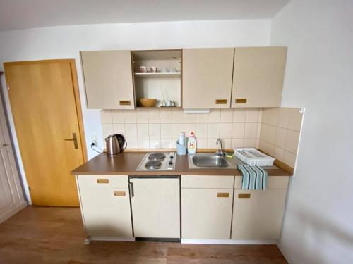 拜尔里舍艾森施泰恩Eisenstein的小厨房配有白色橱柜和水槽