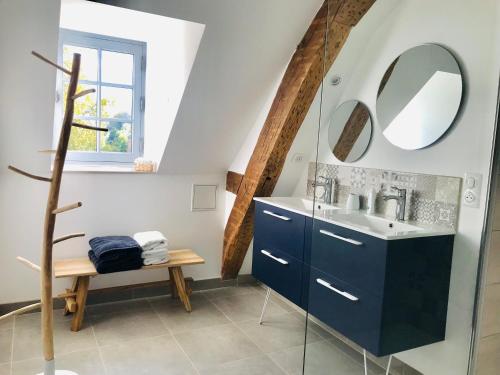 拉弗雷切Les Chambres de La Varenne的浴室设有蓝色水槽和镜子