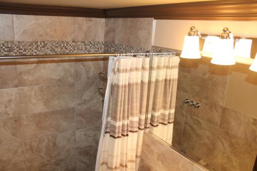 圣安娜德蒙Manoir sur Mer的浴室配有淋浴帘和镜子