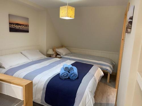 Hugh TownAppletree的一间卧室配有两张床,床上配有蓝色毛巾