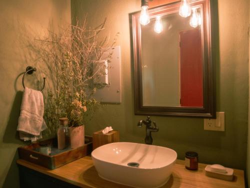 瓜达鲁佩镇Alma Liebre Viñedos del Valle的浴室设有白色水槽和镜子
