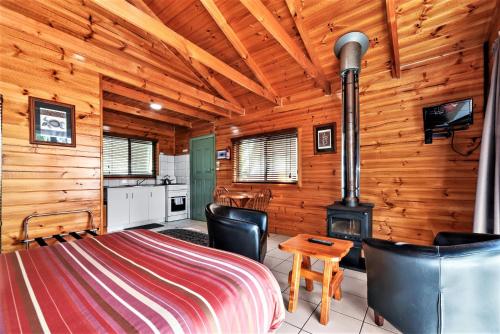 Saint Marys卢米拉生态山林小屋的小木屋设有床和炉灶
