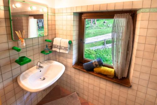 佩伊奥Baita Mas Socina的一间带水槽和镜子的浴室以及窗户。