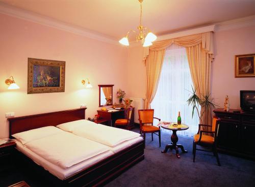 卡罗维发利里士满公园酒店的卧室配有一张床和一张桌子及椅子