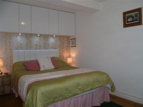 特维德上游的贝里克米尔码头公寓的一间卧室配有一张带绿毯的床