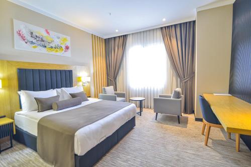 伊斯坦布尔SERENİTY COMFORT Hotel的配有一张床和一张书桌的酒店客房