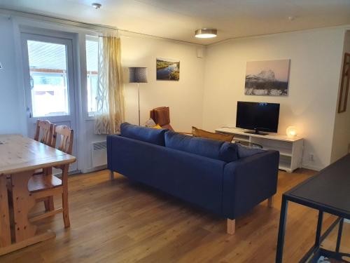SaxnäsKultsjögården-Saxnäs-Marsfjällen 9的客厅配有蓝色的沙发和电视