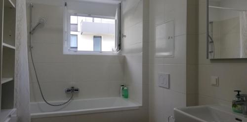 维也纳Exquisit Apartment Simmering的带淋浴和盥洗盆的浴室以及窗户。