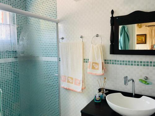 帕苏斯工程师镇Pousada Sítio da Luzia的浴室配有盥洗盆和带镜子的淋浴