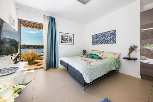 木洛希尼Villa del Mar Deluxe的一间卧室配有一张床、一张书桌和一个窗户。